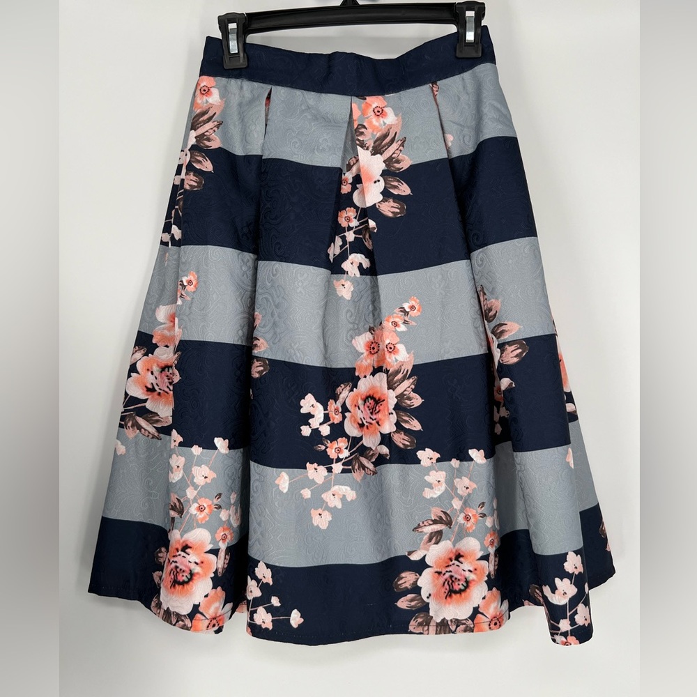 CHICWISH BOX PLEATED SKIRT NAVY PINK AND SILVER STRIPES WITH BACK ZIPPER